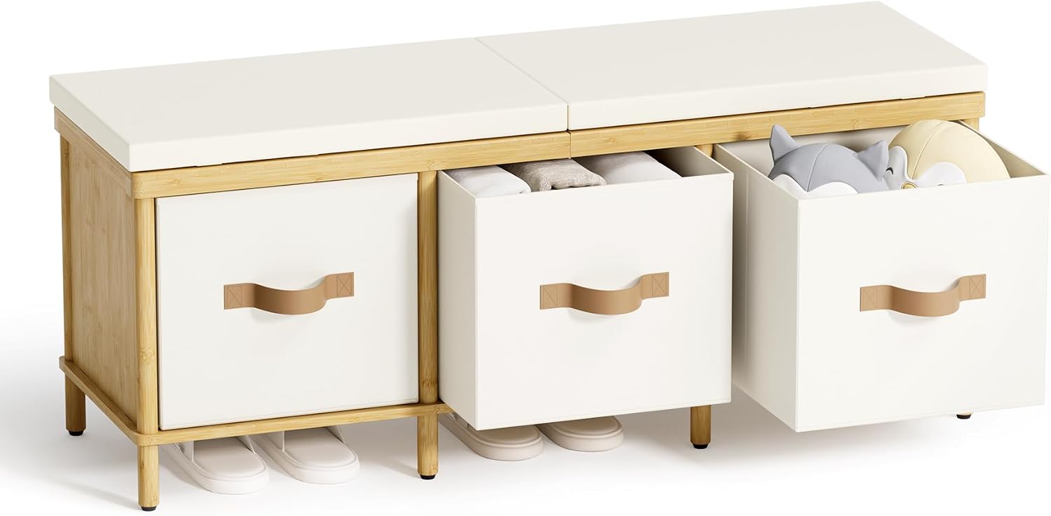 Bamboo Cushioned Storage Bench Chest