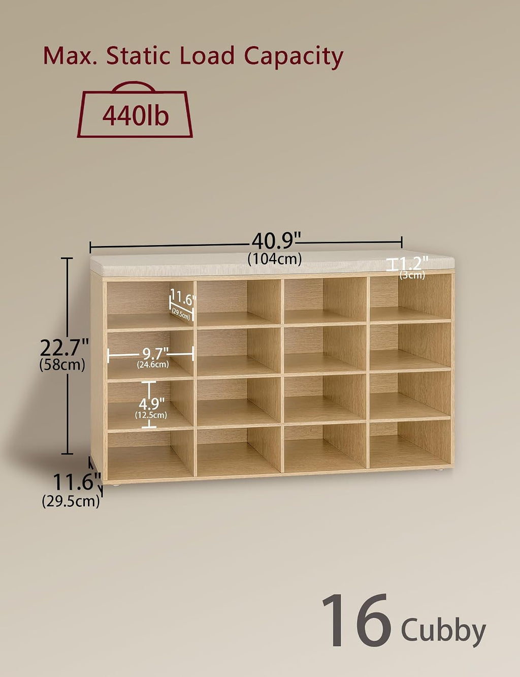 Cushioned Cubby Shoe Storage Bench