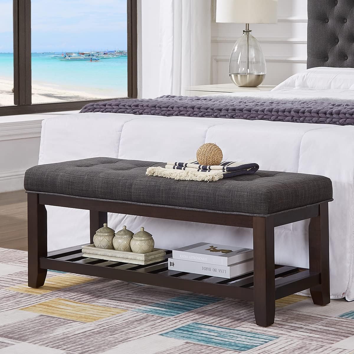 Tufted Linen Ottoman Storage Bench