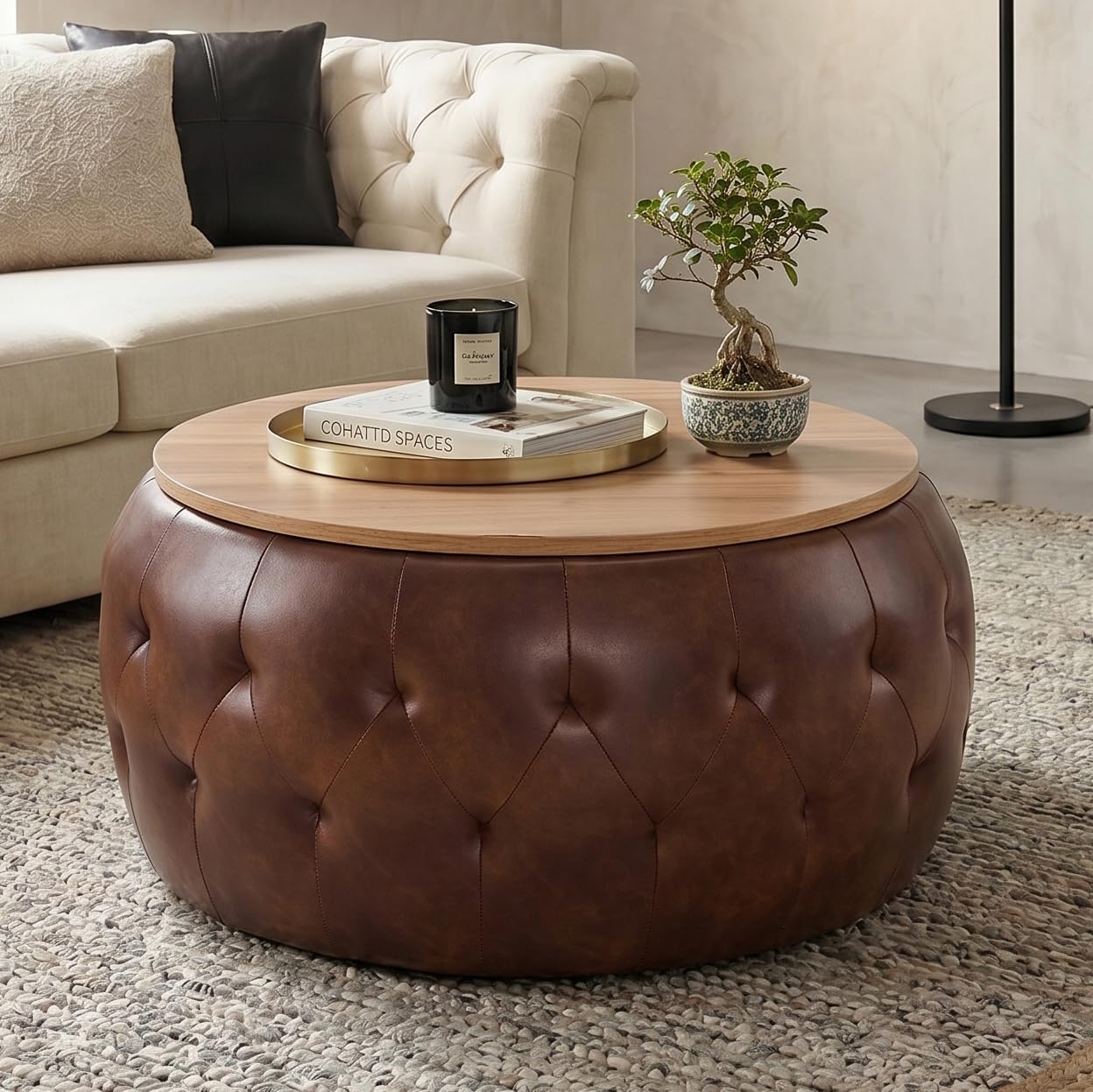 Round Leather Storage Ottoman Table