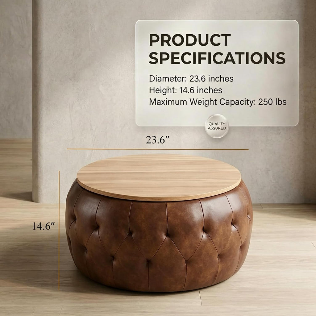 Round Leather Storage Ottoman Table