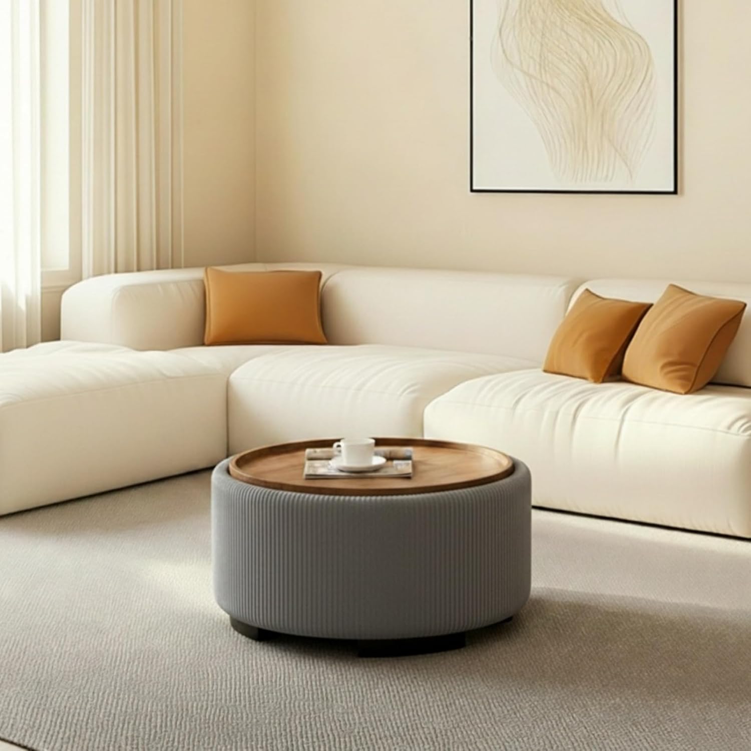 Round Velvet Storage Ottoman Table