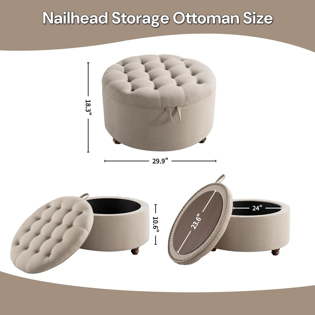 Round Tufted Storage Ottoman Table