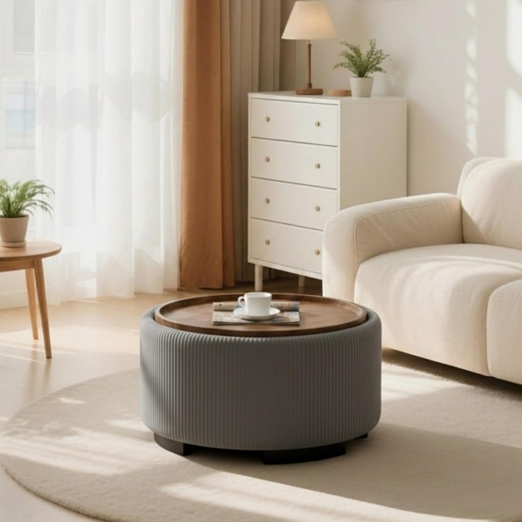 Round Velvet Storage Ottoman Table