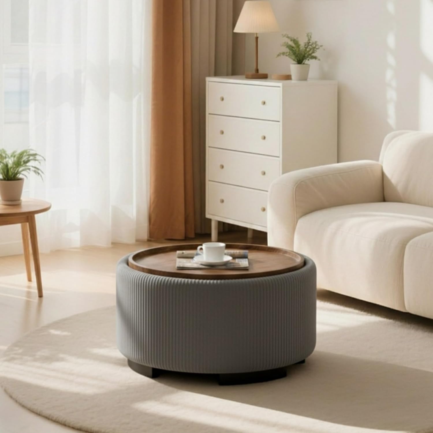 Round Velvet Storage Ottoman Table