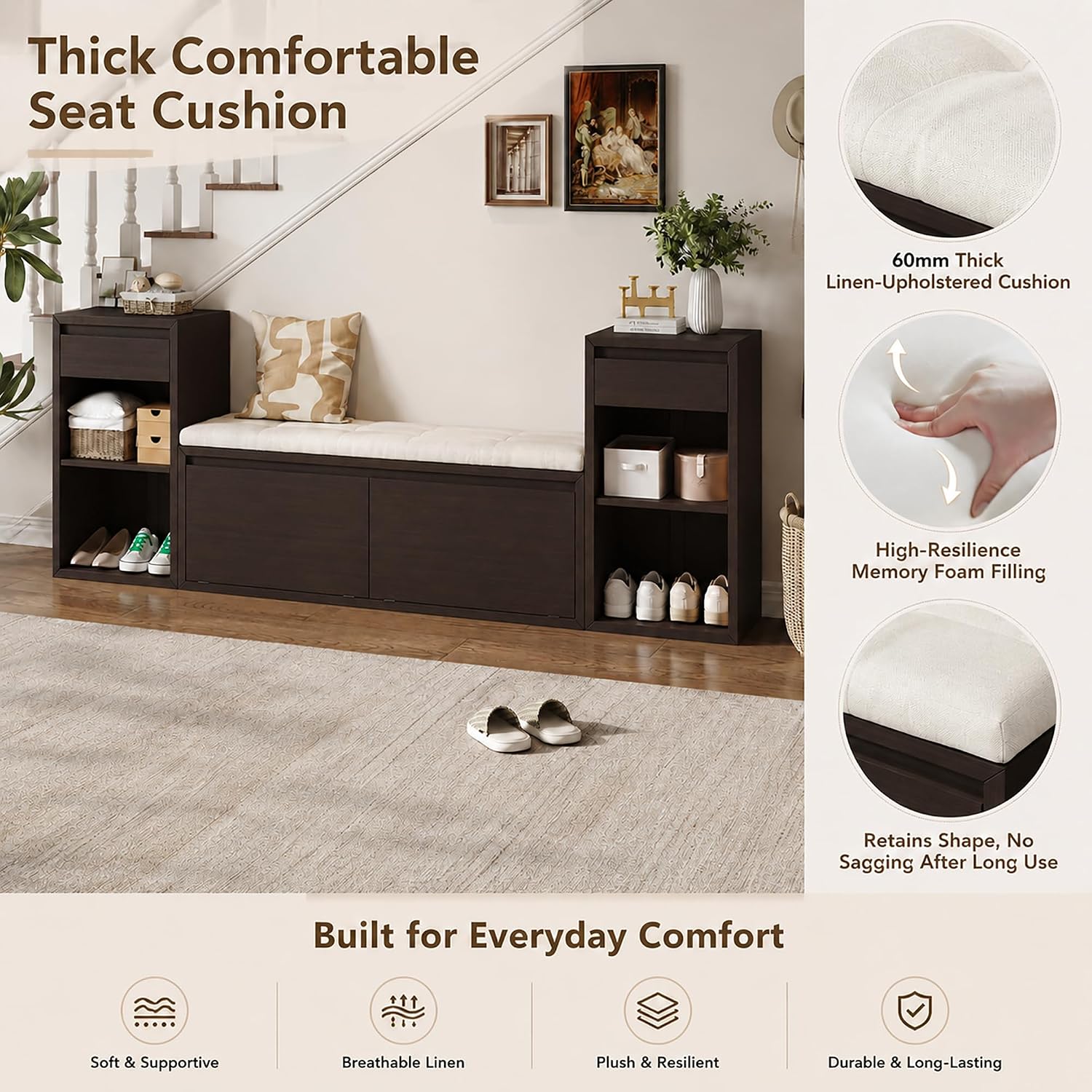 Wood Shoe Storage Bench with Cushion