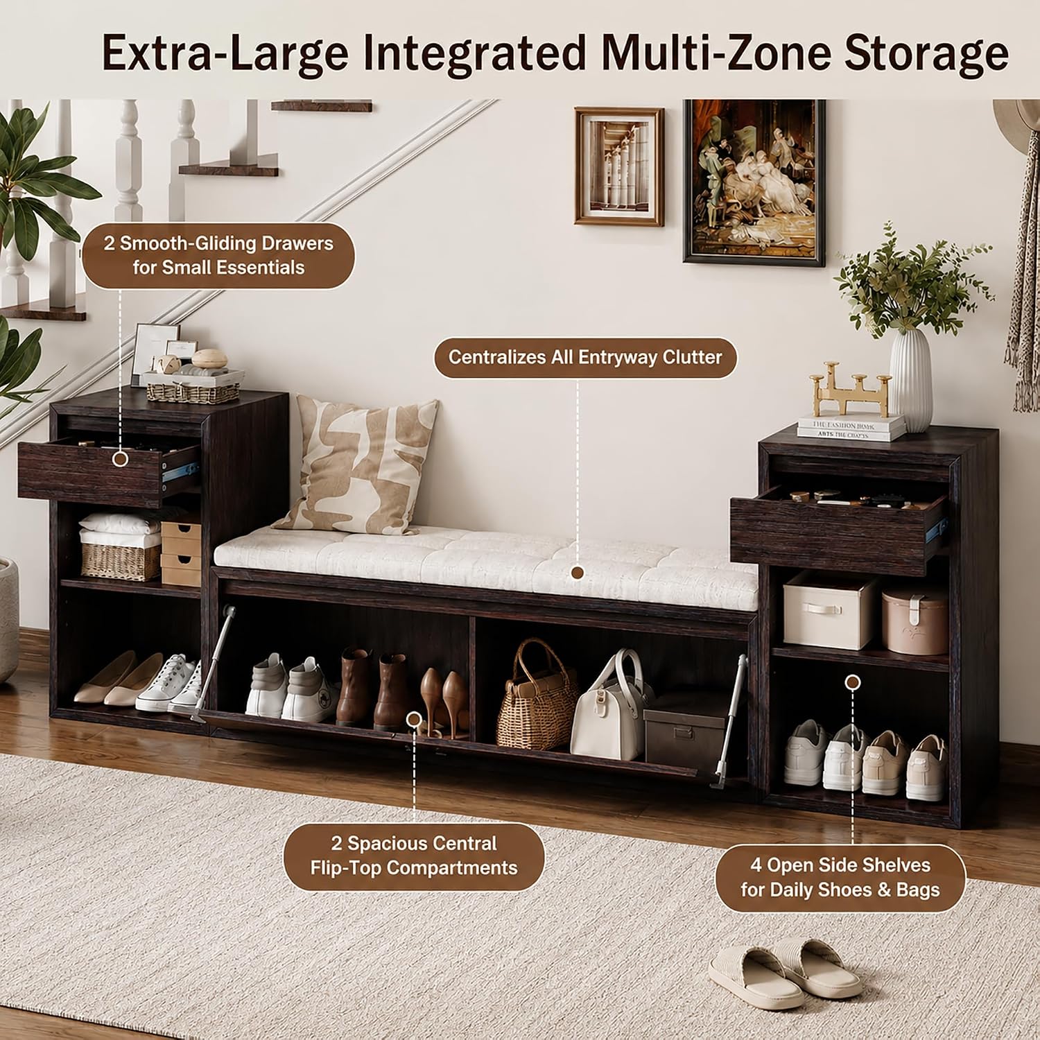 Wood Shoe Storage Bench with Cushion