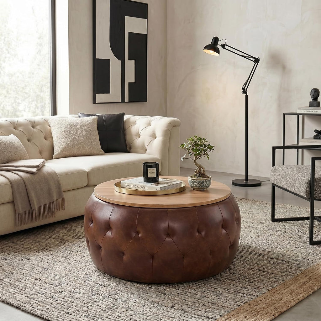 Round Leather Storage Ottoman Table