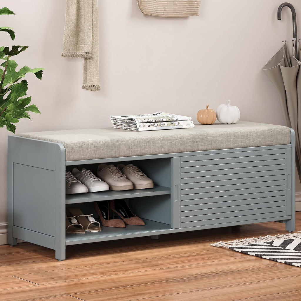 Wood Shoe Bench with Upholstered Seat
