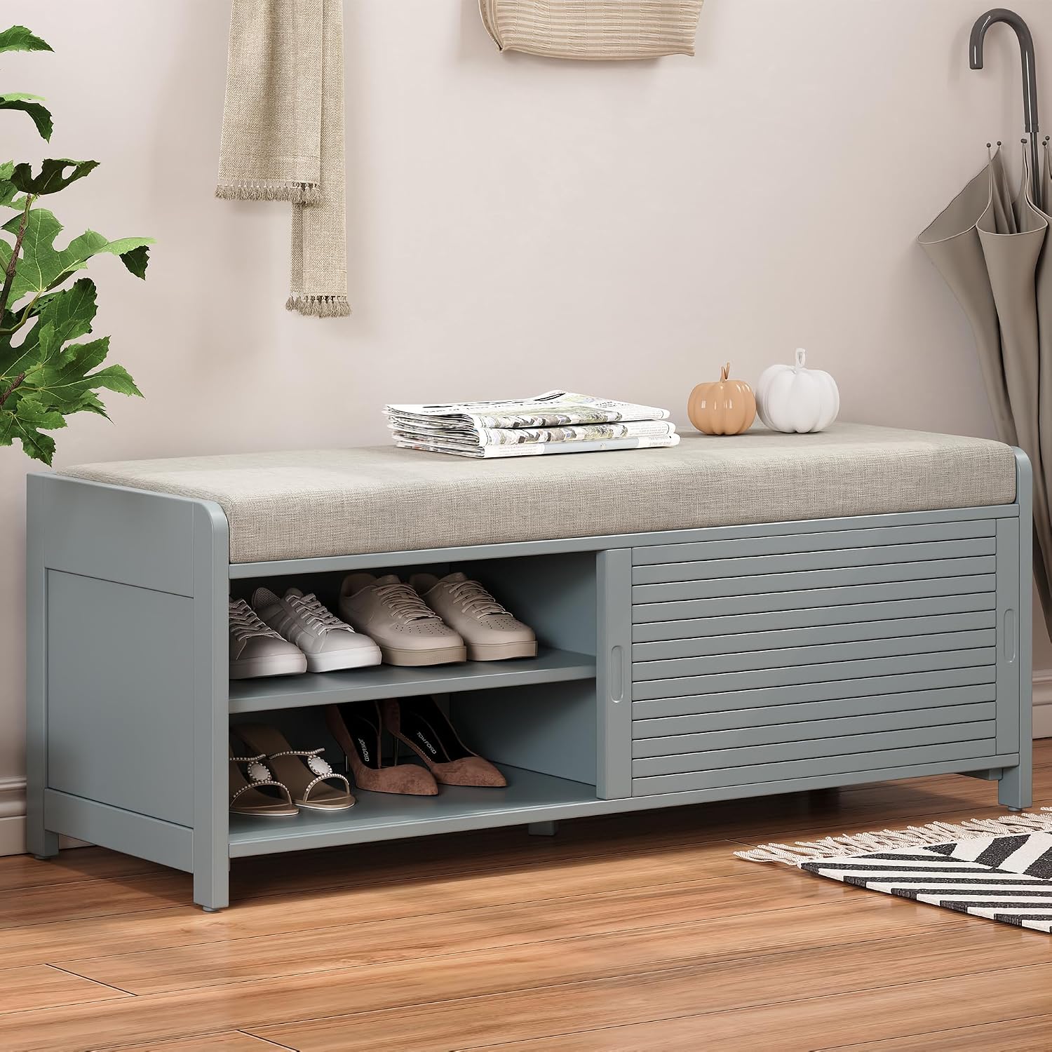 Wood Shoe Bench with Upholstered Seat