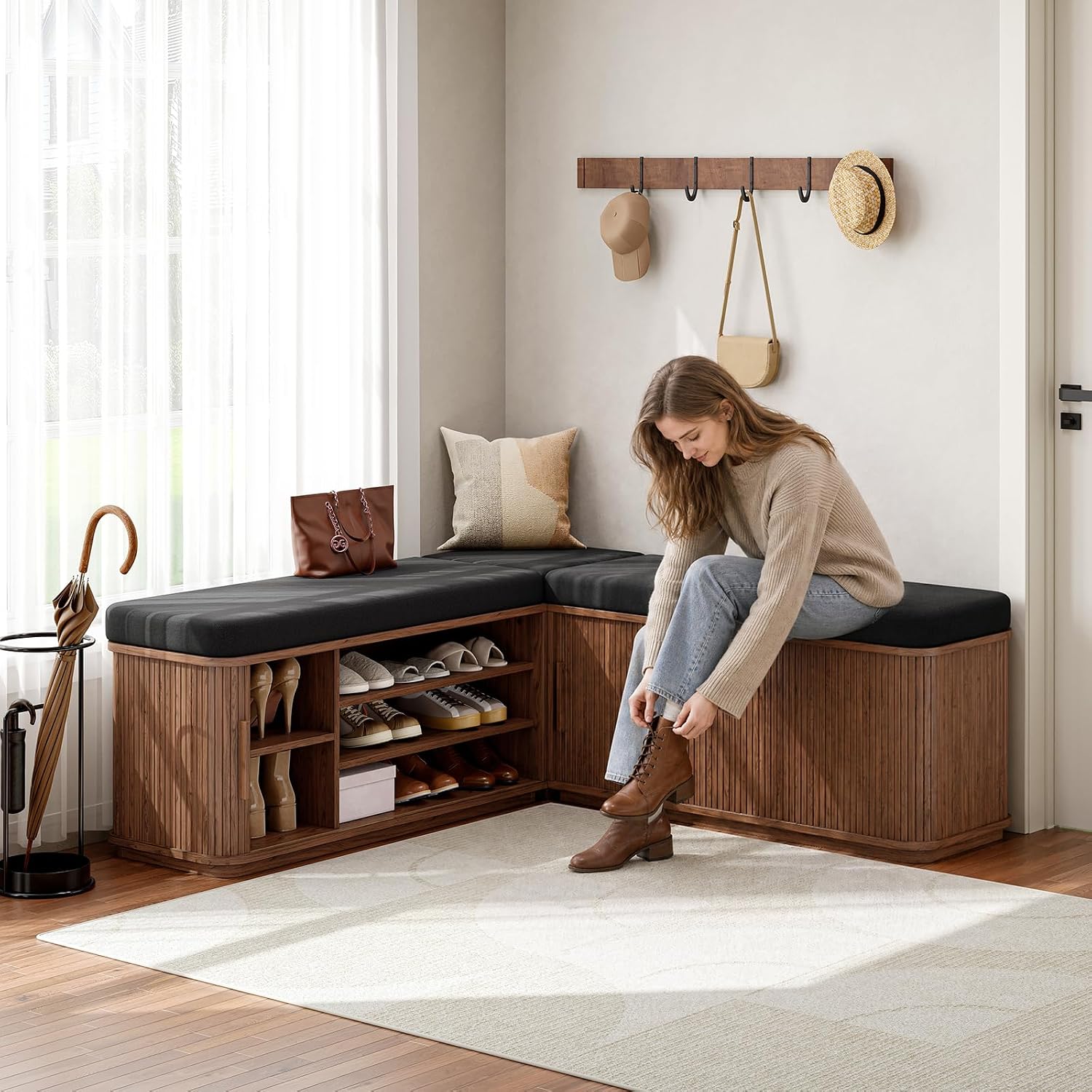 L-Shaped Cushioned Storage Shoe Bench