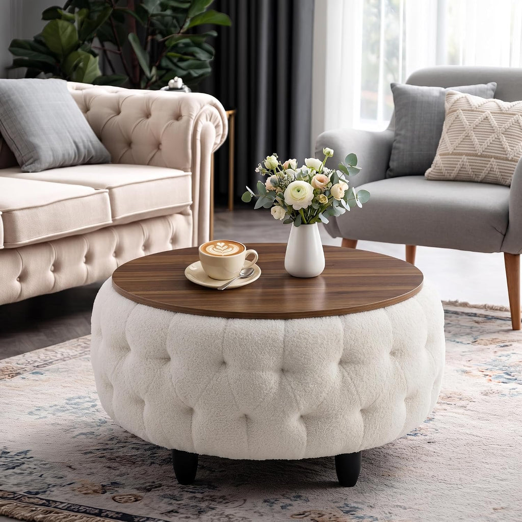 Round Teddy Fleece Storage Ottoman Table