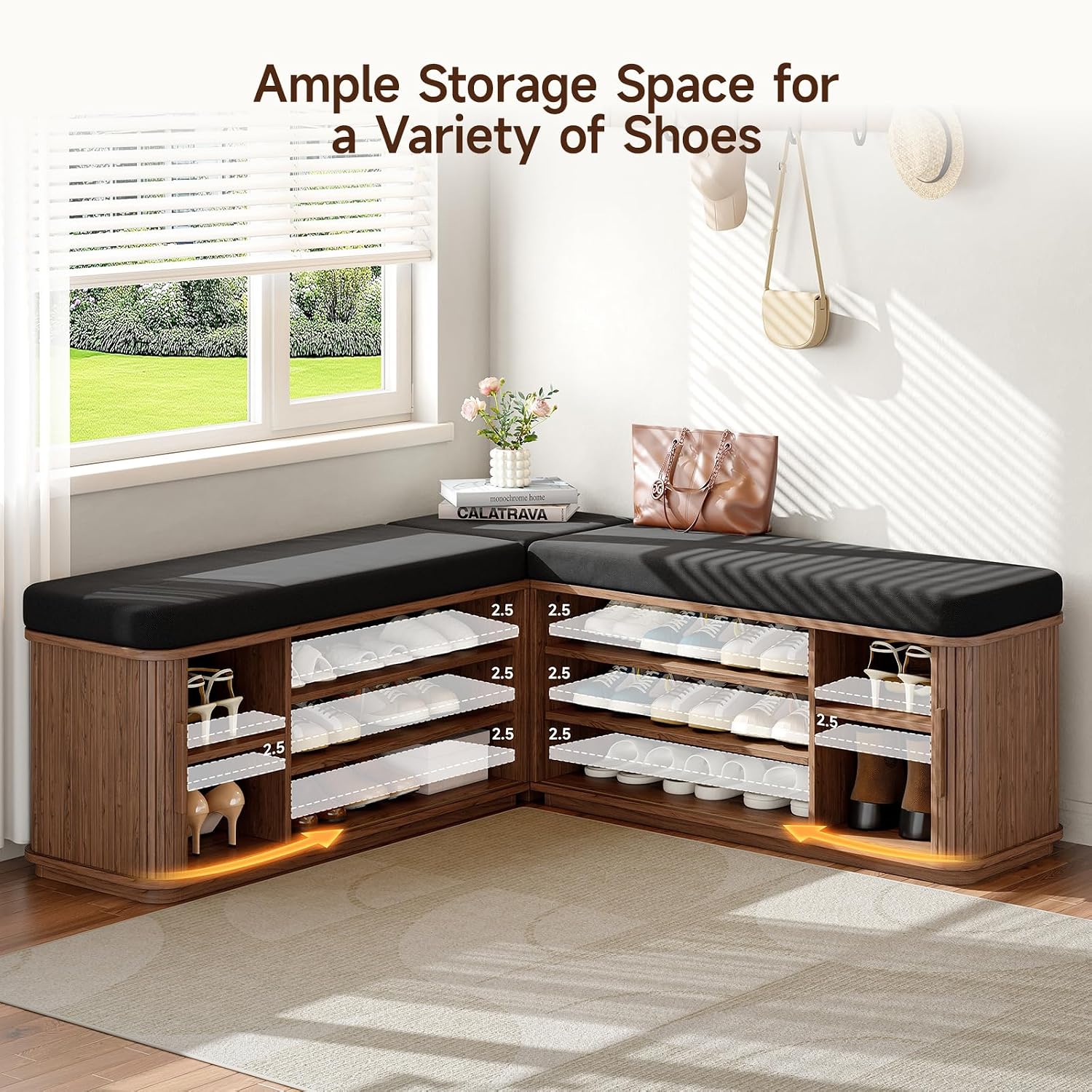 L-Shaped Cushioned Storage Shoe Bench