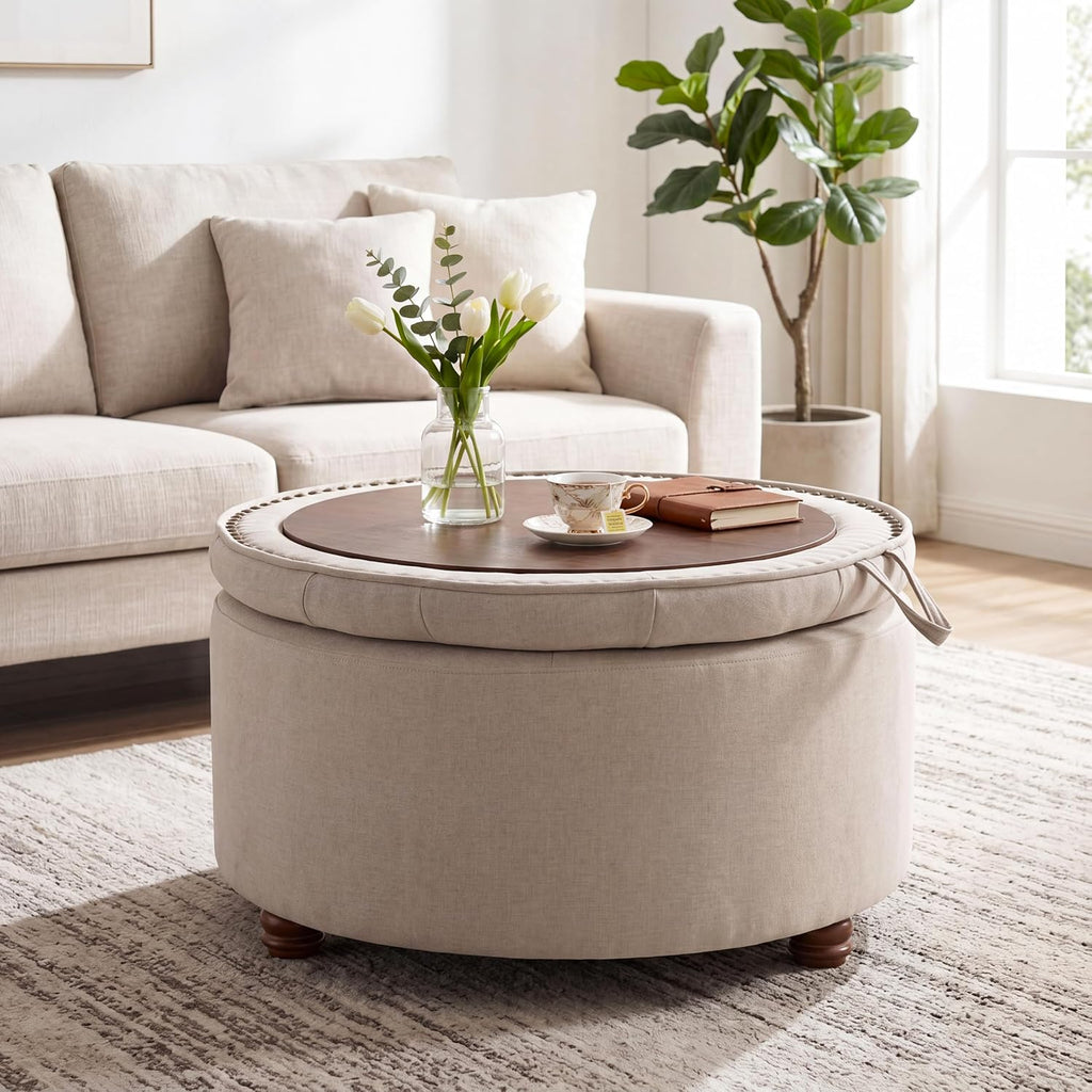 Round Tufted Storage Ottoman Table