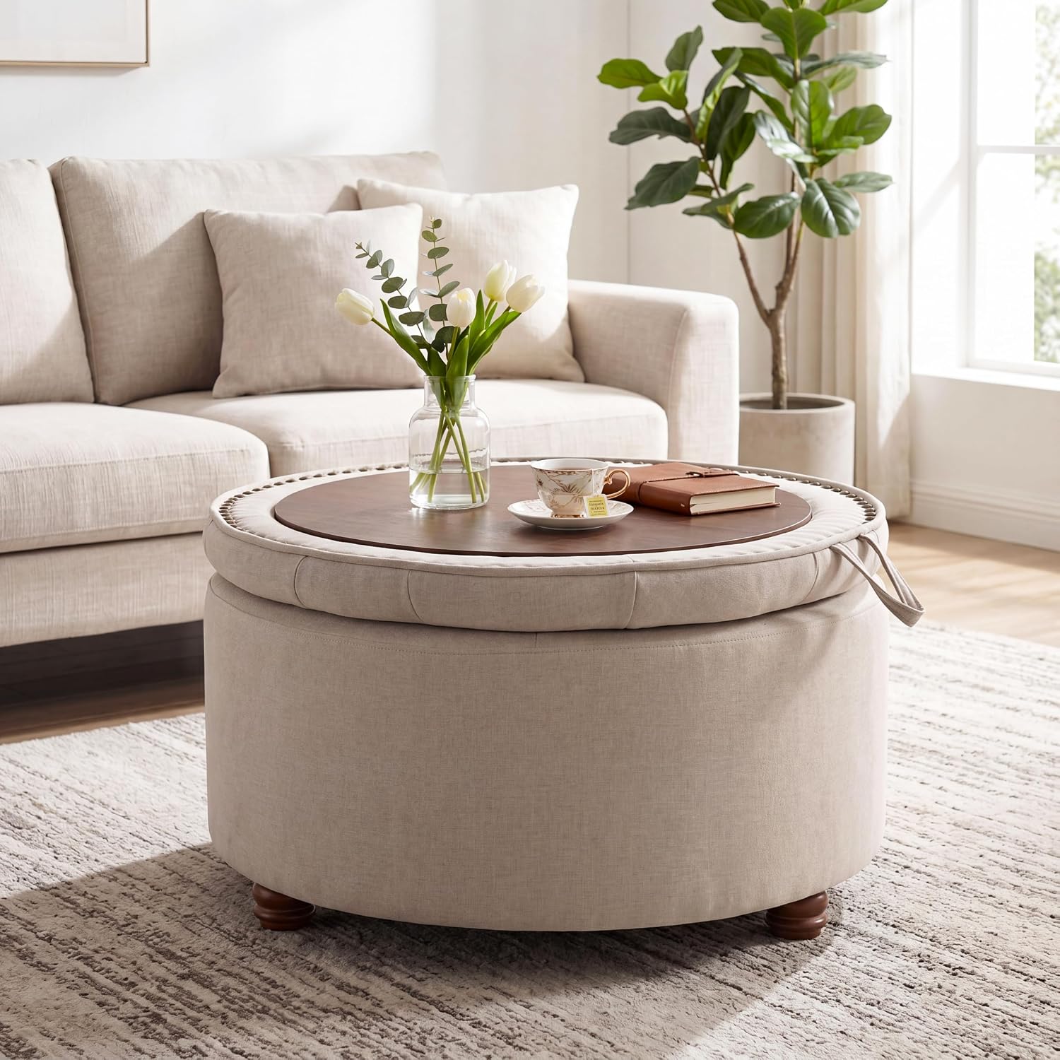 Round Tufted Storage Ottoman Table