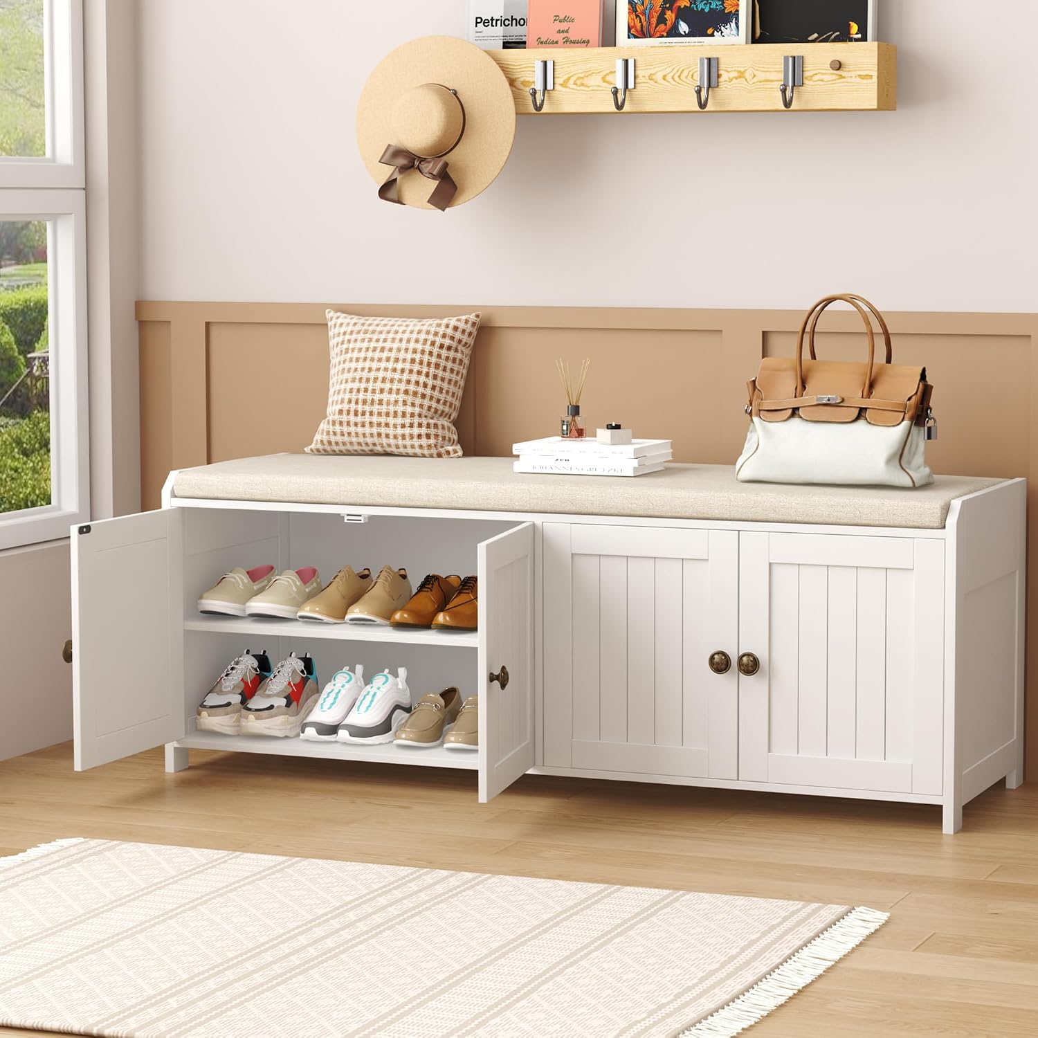 Wood Shoe Bench With Cushioned Seat