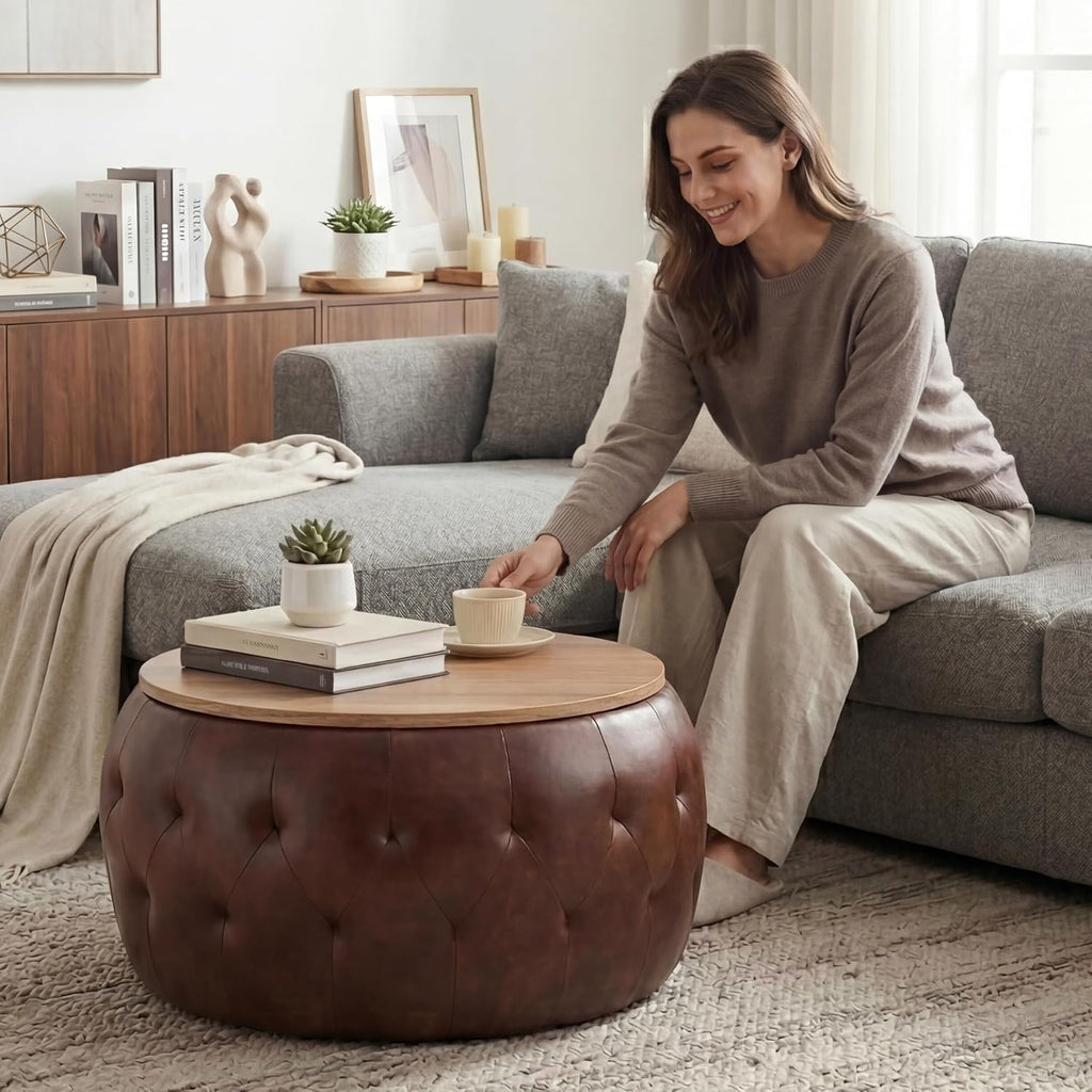 Round Leather Storage Ottoman Table