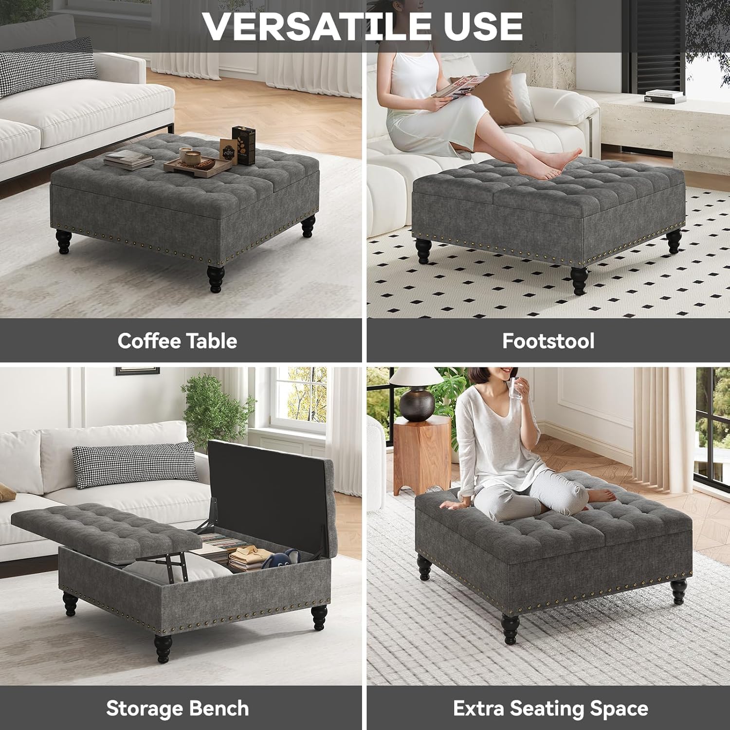Tufted Lift Top Storage Ottoman Table