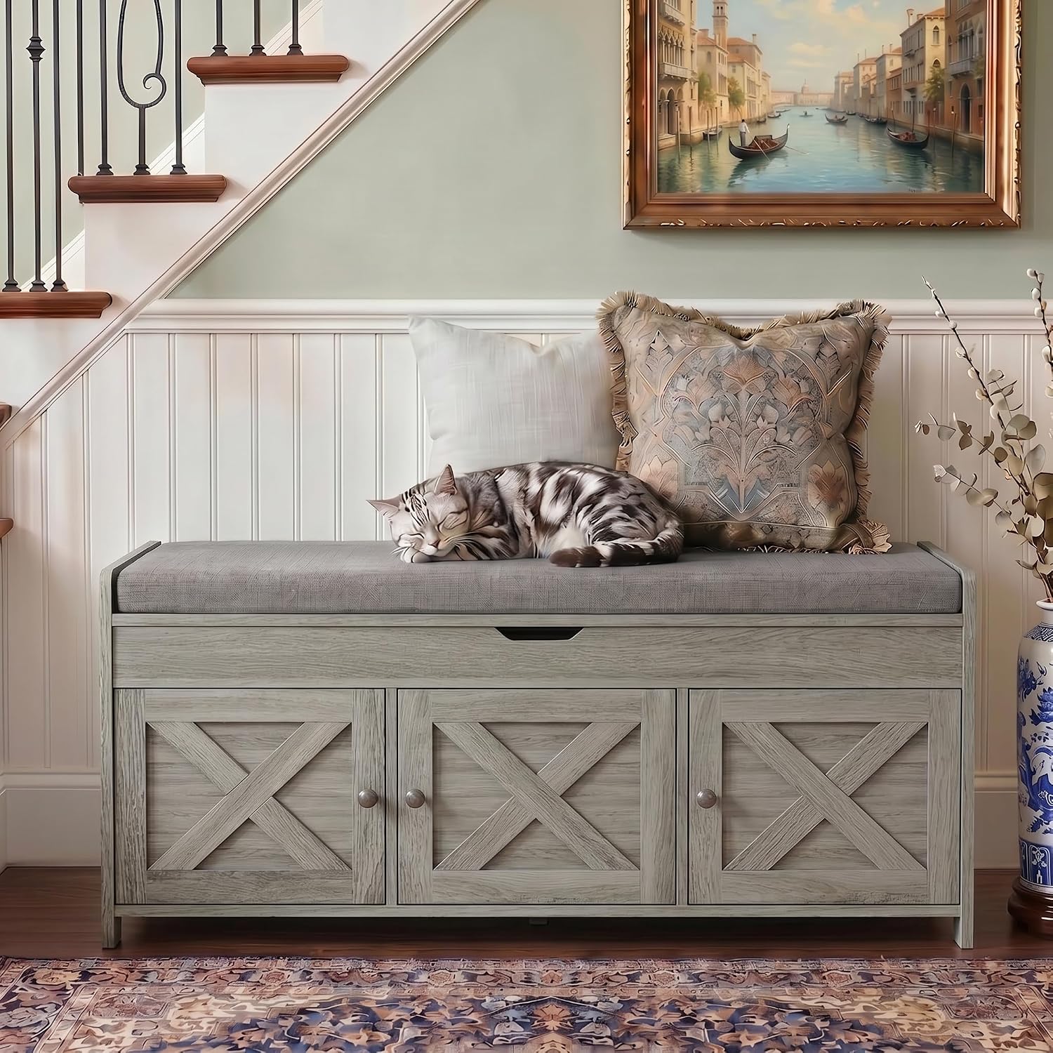 Wood Shoe Bench With Cushioned Seat