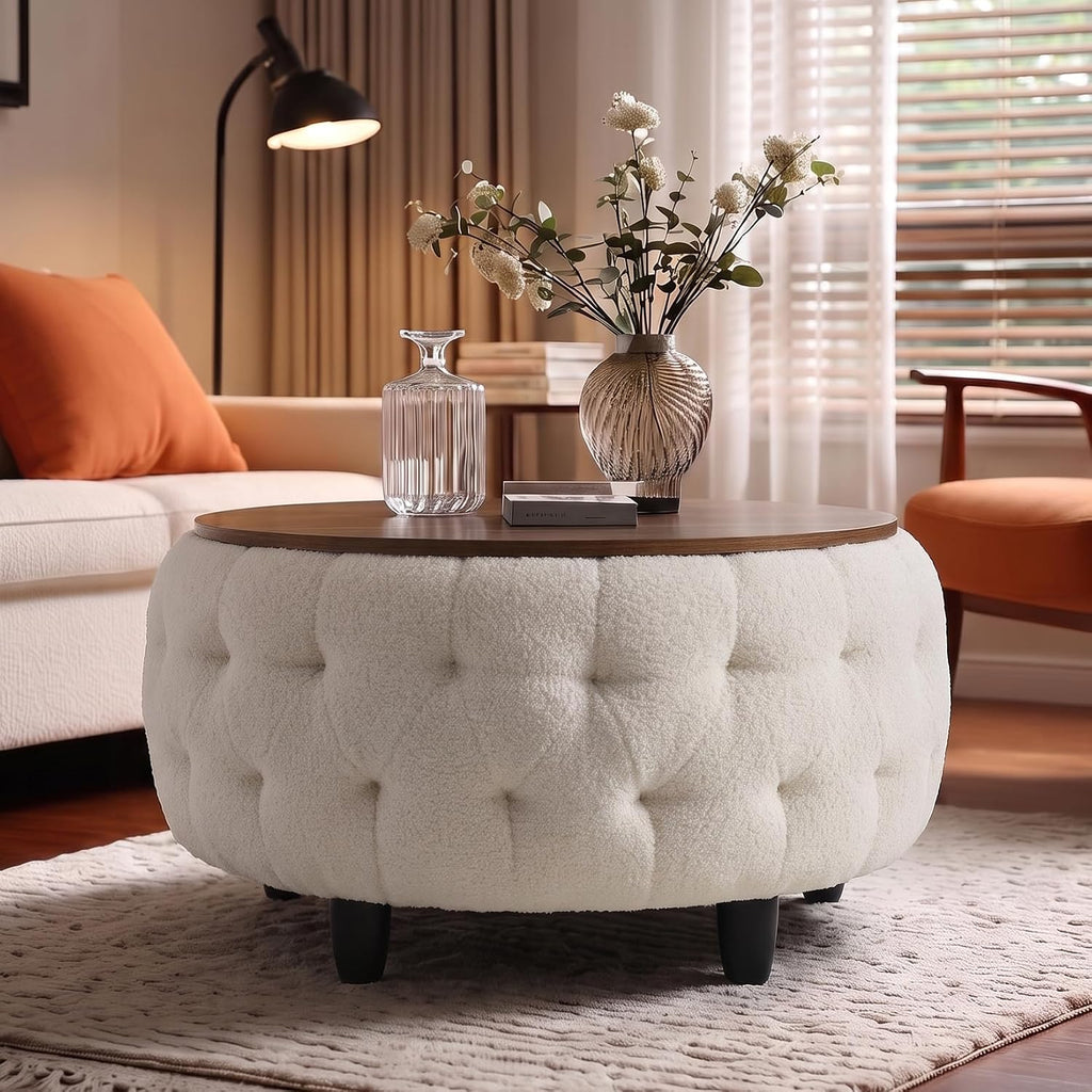 Round Teddy Fleece Storage Ottoman Table