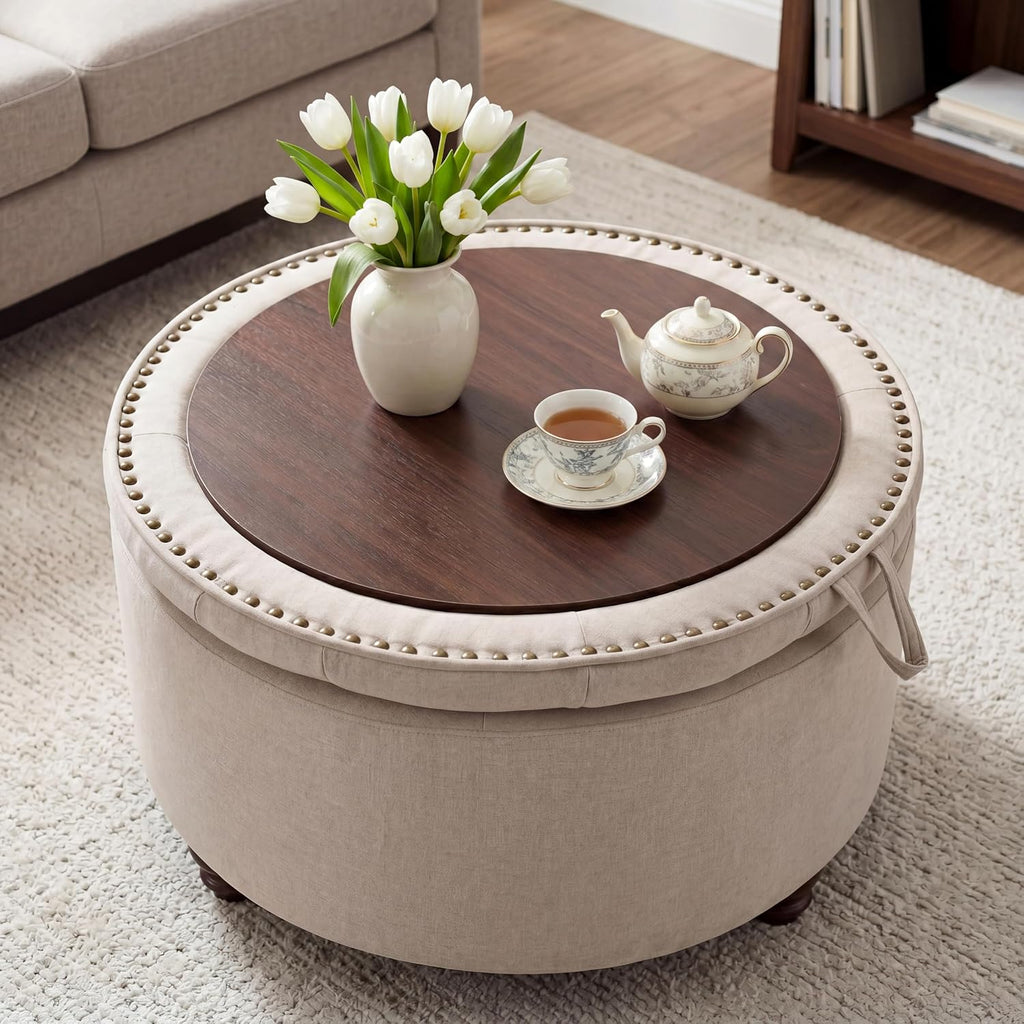 Round Tufted Storage Ottoman Table