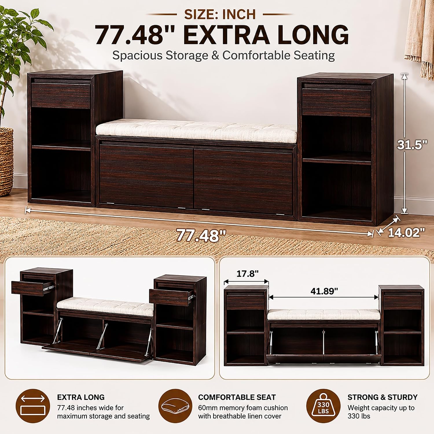 Wood Shoe Storage Bench with Cushion