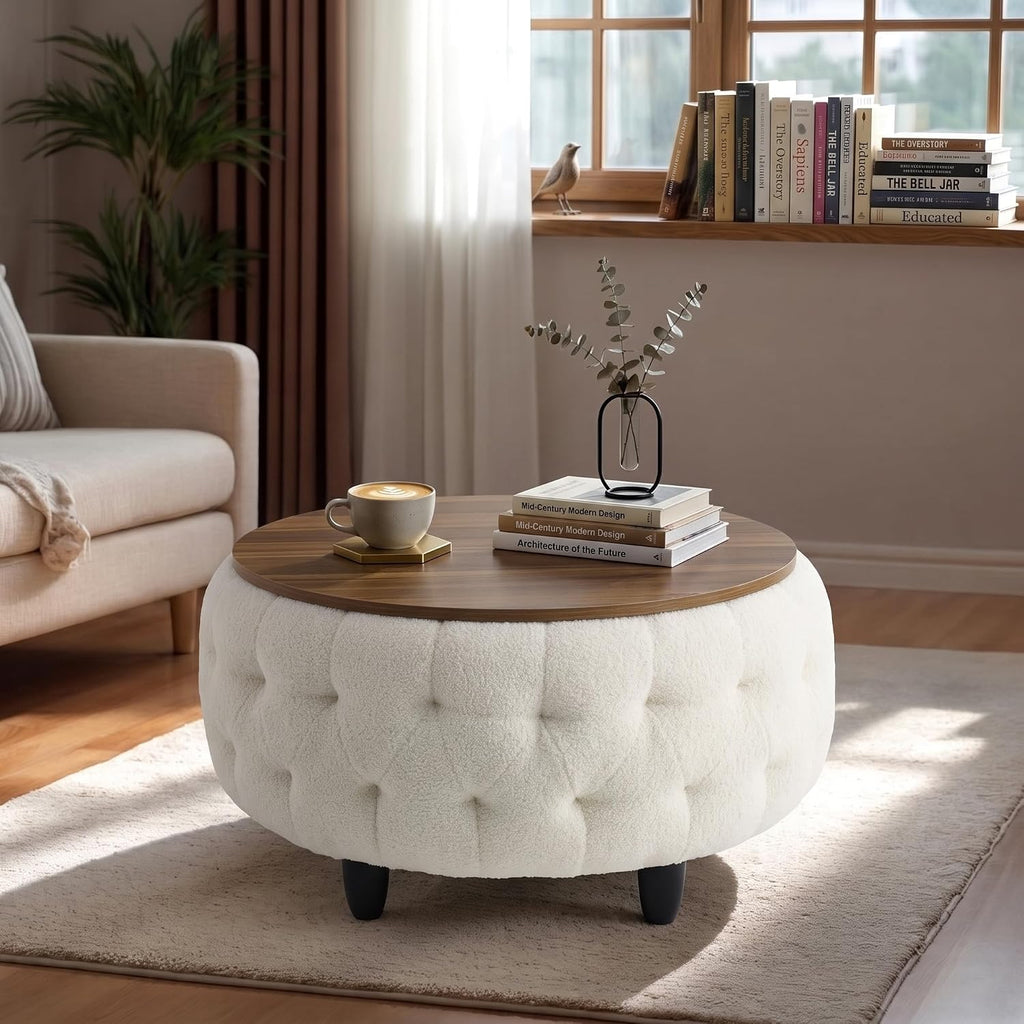 Round Teddy Fleece Storage Ottoman Table