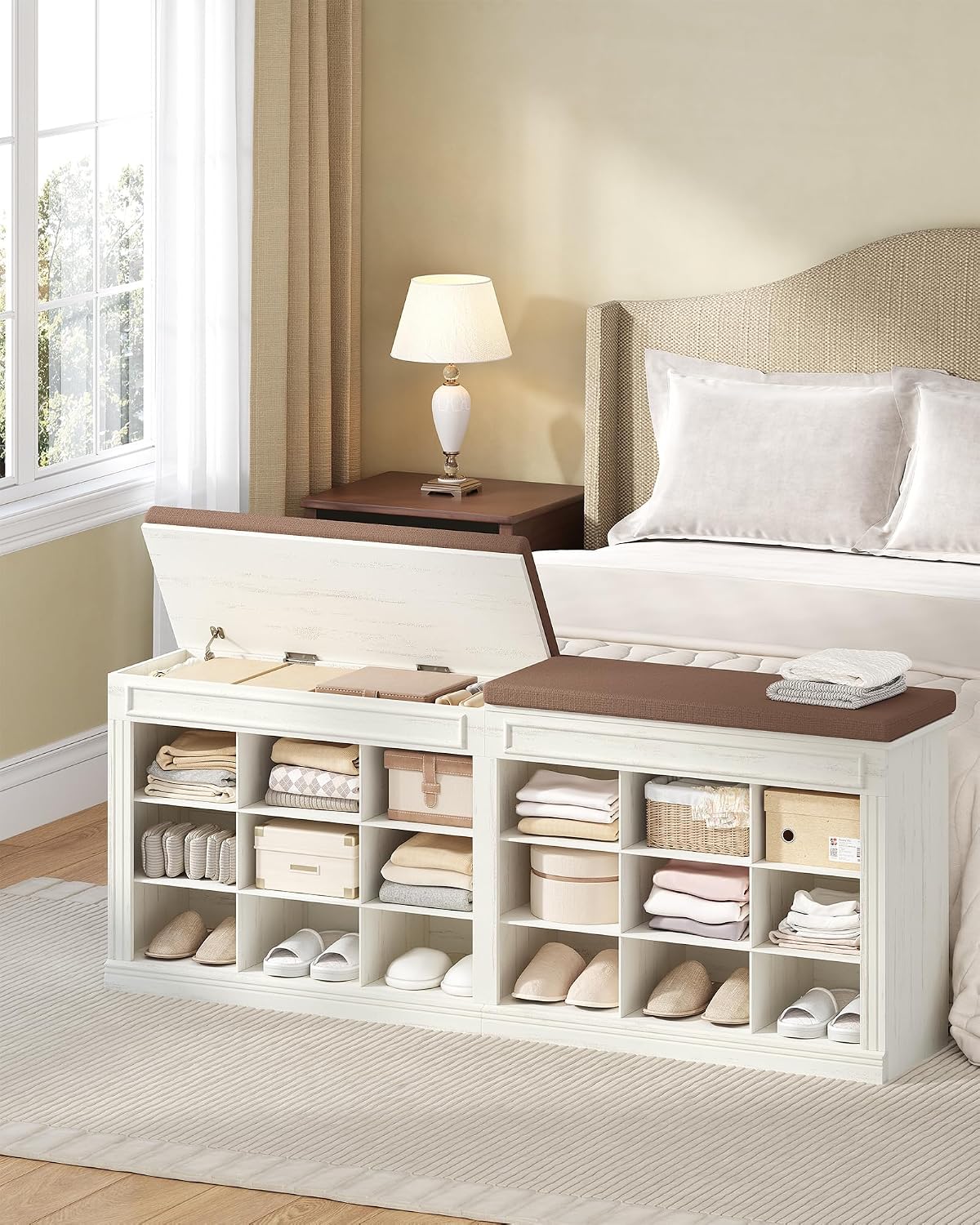 Farmhouse Cushioned Shoe Storage Bench