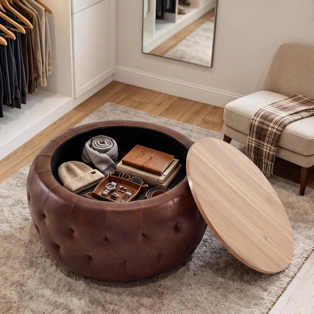 Round Leather Storage Ottoman Table
