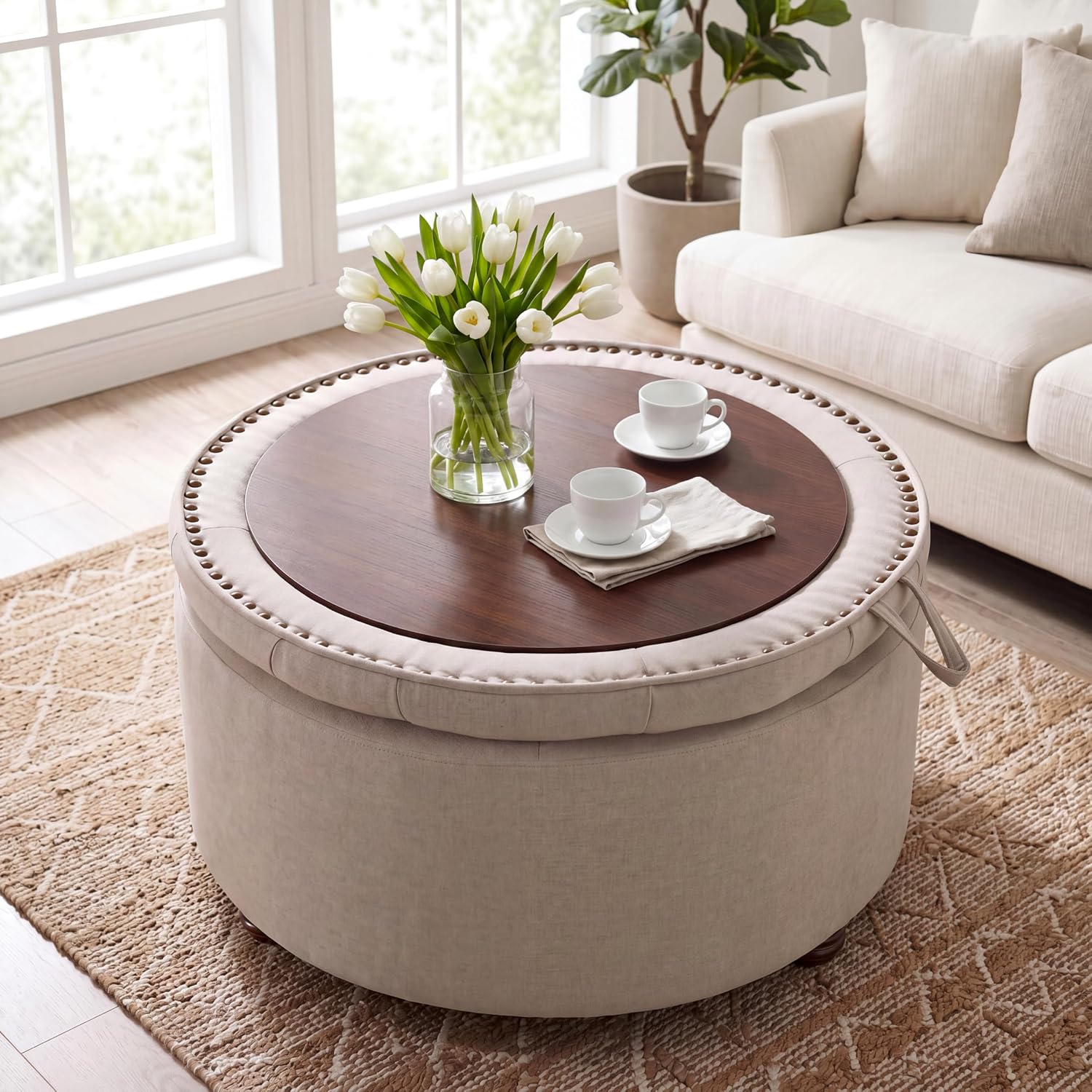 Round Tufted Storage Ottoman Table