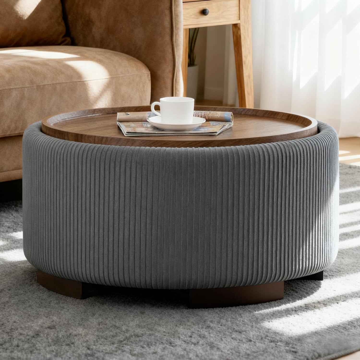 Round Velvet Storage Ottoman Table