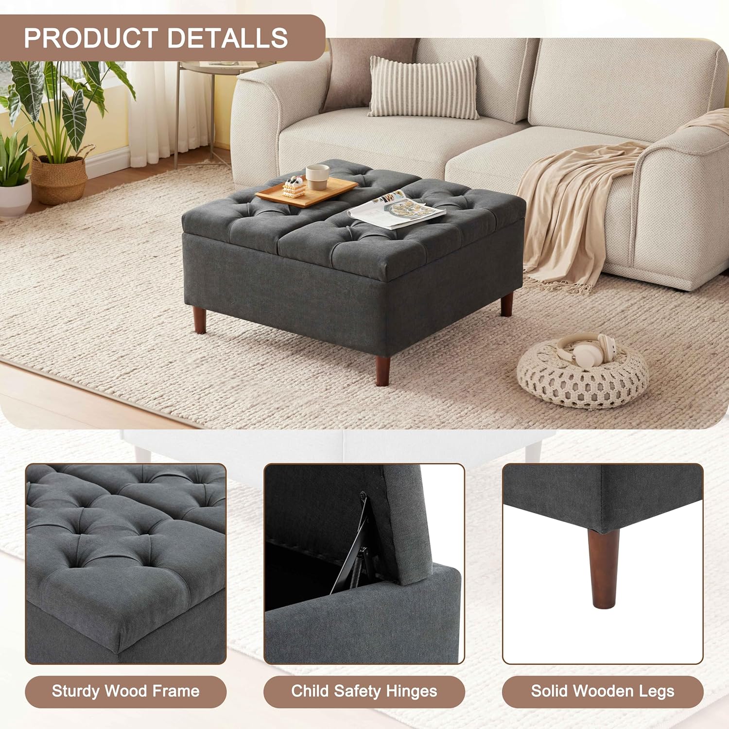 Square Tufted Storage Ottoman Table