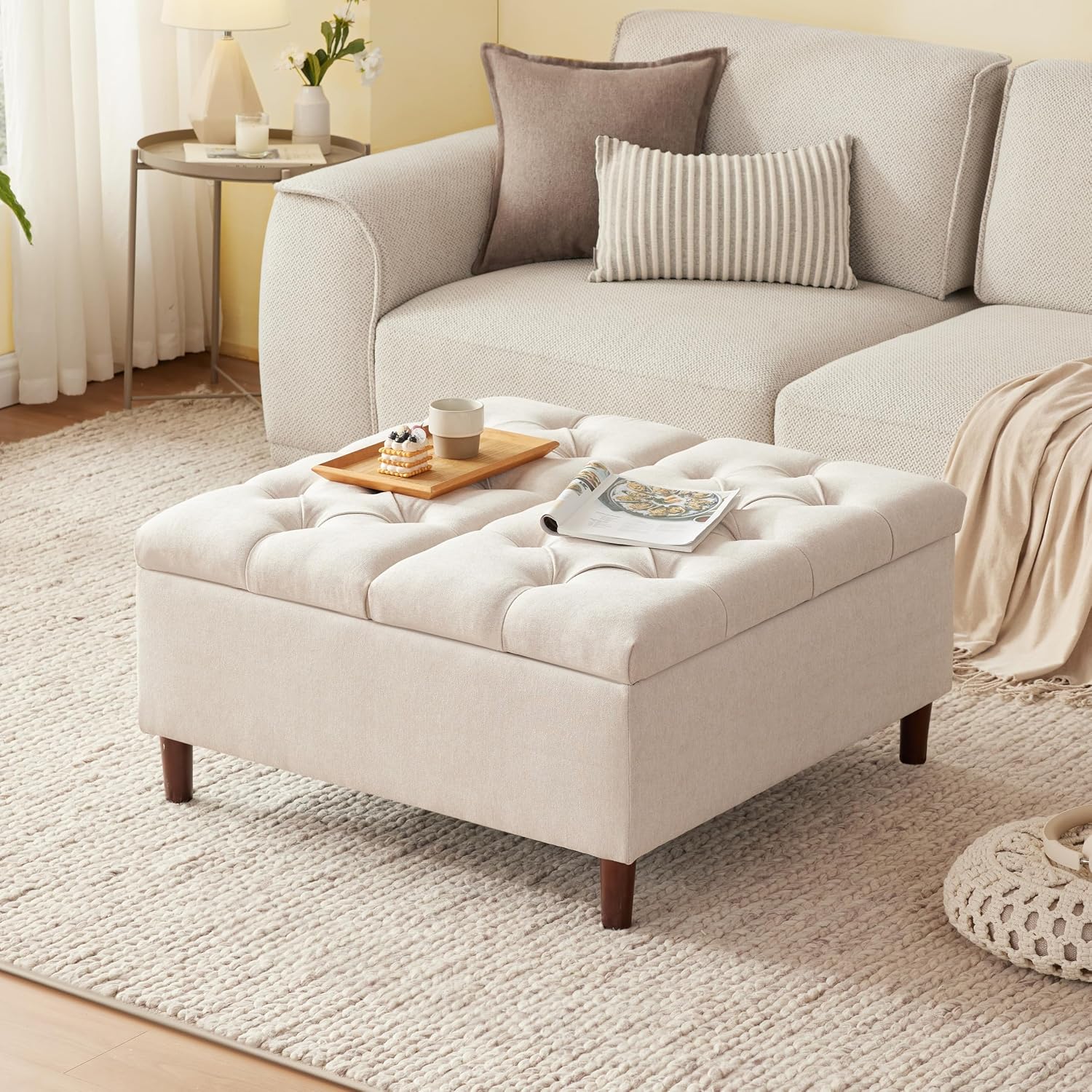 Square Tufted Storage Ottoman Table