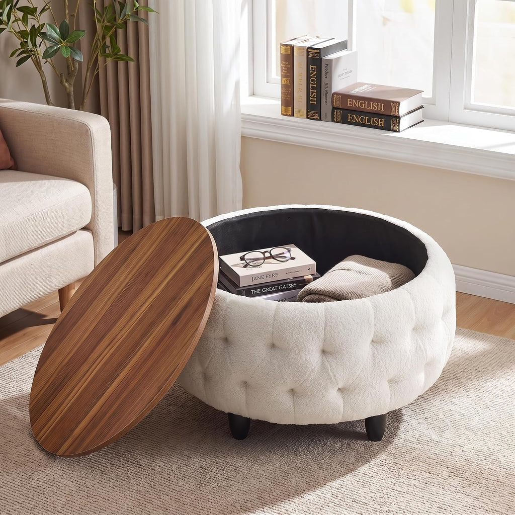 Round Teddy Fleece Storage Ottoman Table