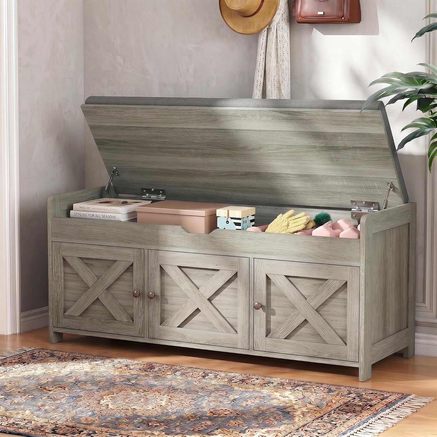 Wood Shoe Bench With Cushioned Seat